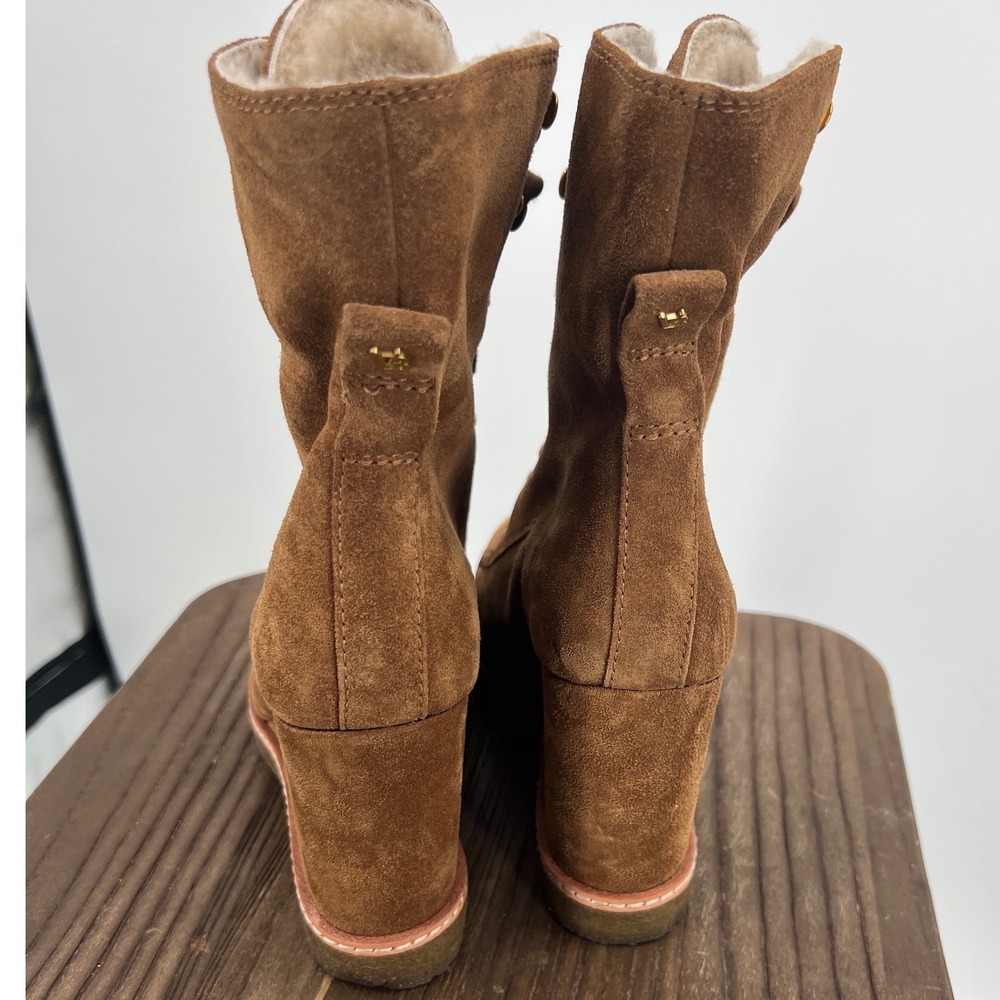 Veronica Beard Suede Shearling Lined Wedge Lace Up Boots Water Repellent 5M NWT - Picture 7 of 9